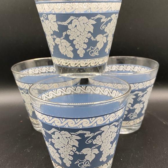 Hazel Atlas Rocks Glasses "ATC41" matt blue & white silver rim 8oz VTG 1960's - Picture 1 of 6